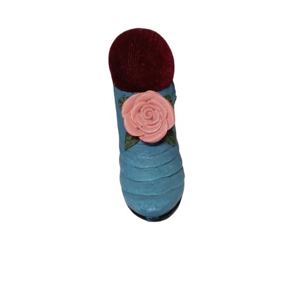 Mini Victorian Blue Shoe Pin Cushion Pink Rosette Sewing Collectible Vintage - Picture 3 of 9